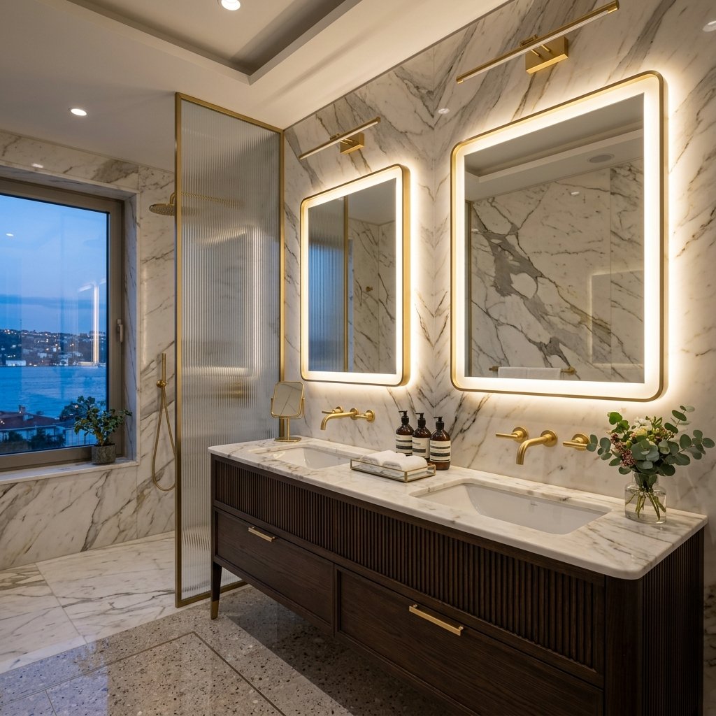 Çift Evyeli, Mermer Kaplama Modern Banyo